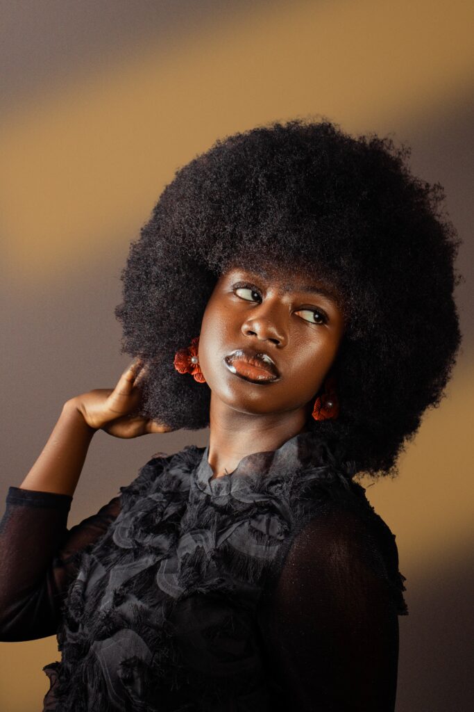 Natural 4C hair styled to showcase volume and fullness