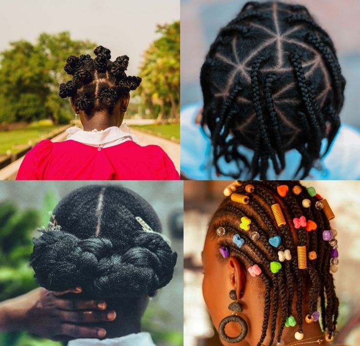 Collage showing protective natural hairstyles suitable for sunny, rainy, and dry weather.