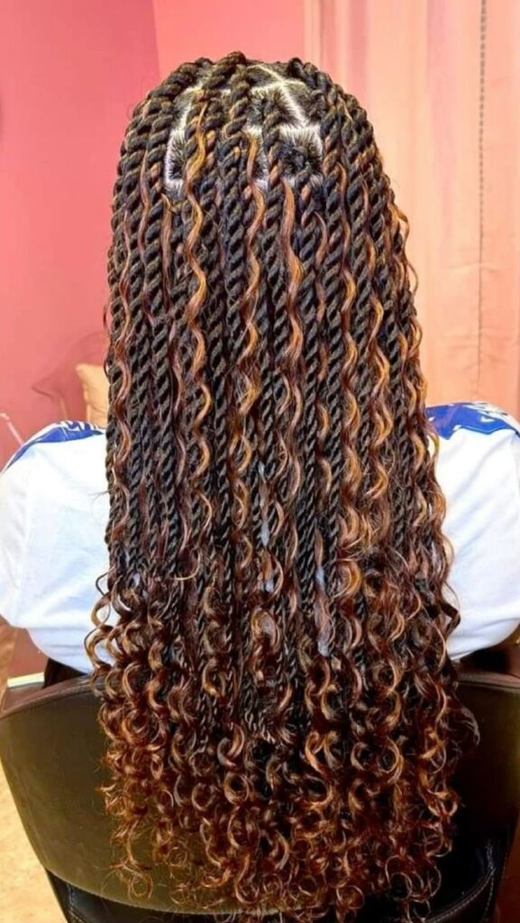 Bohemian twists with loose curly ends on natural hair.