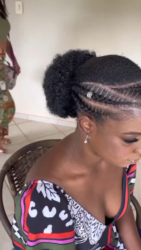 Braided crown ponytail on natural 4C hair.