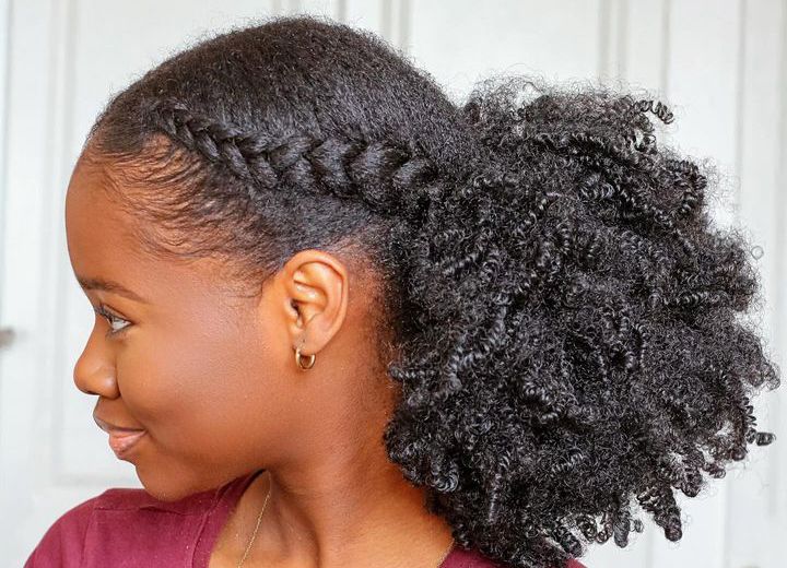 Braided ponytail hairstyle for natural hair.