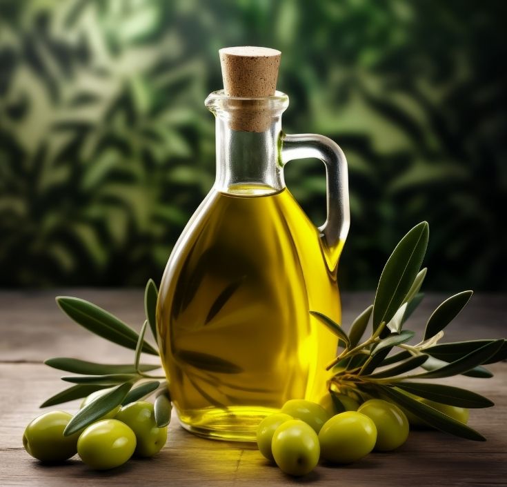 Bottle of extra virgin olive oil beside fresh olives