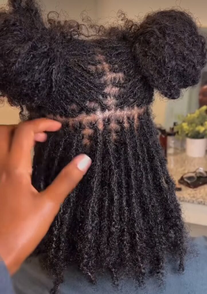 Faux locs protective hairstyle on natural 4C hair.