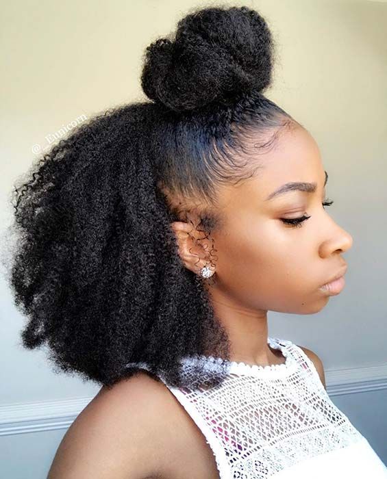 Half-up bun hairstyle for beginners with natural 4C hair.