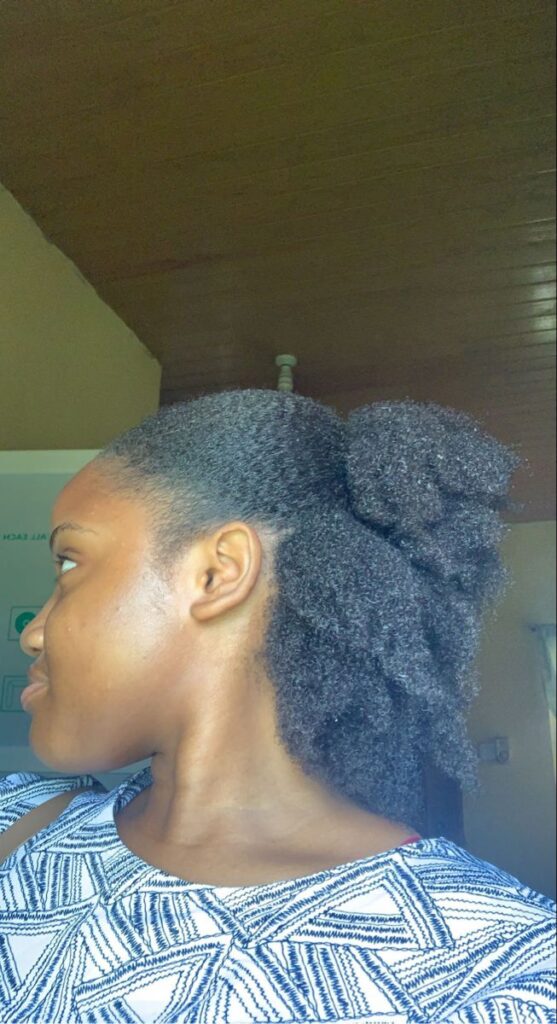Half-up half-down hairstyle for natural hair.