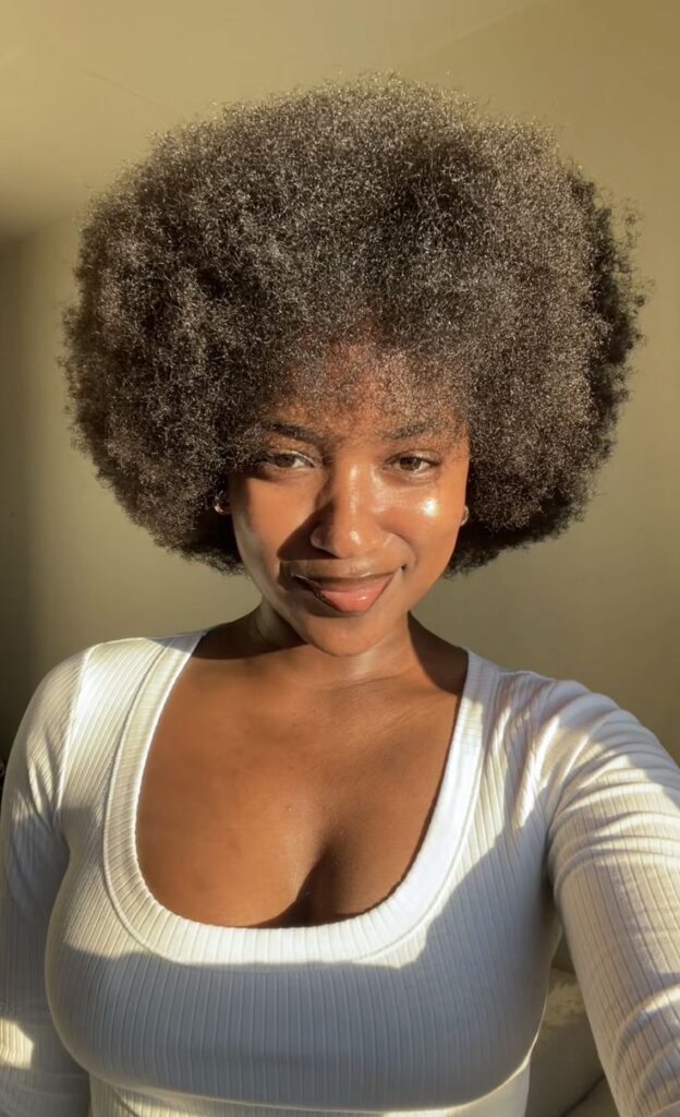 Black woman wearing her natural 4C hair between protective styling.
