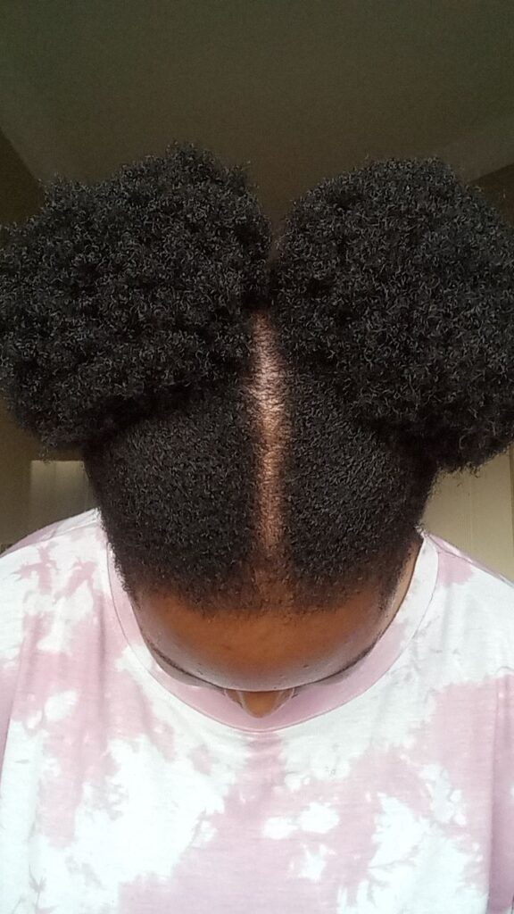 Close-up of a healthy, clean scalp between sections of natural afro hair.