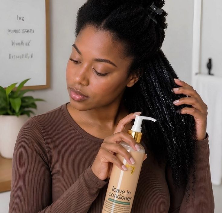 Black woman applying leave-in conditioner evenly through damp sectioned 4C hair.