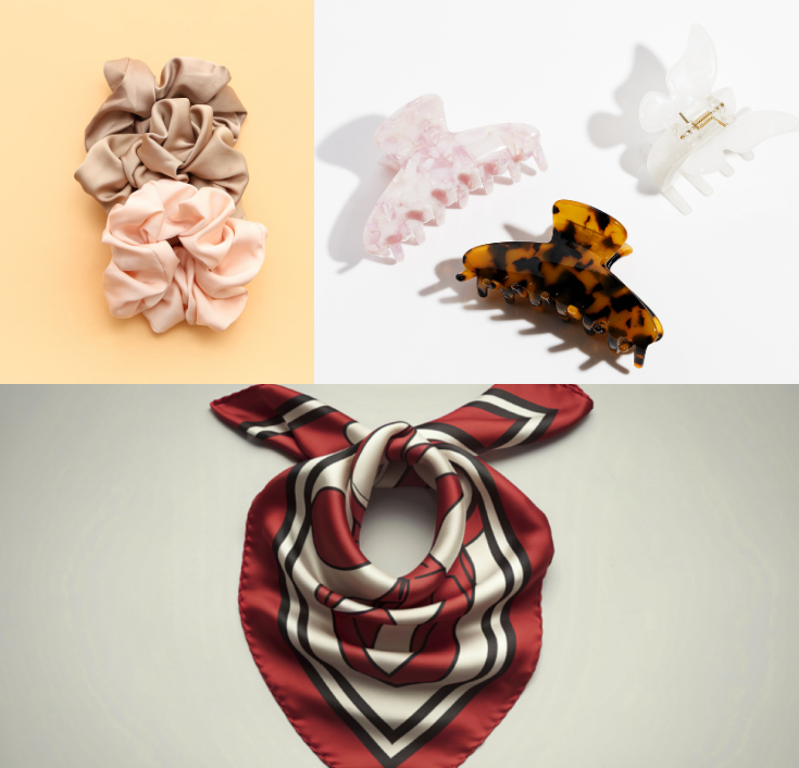 Collection of satin scrunchies, silk scarf, and claw clips for gentle natural hair styling