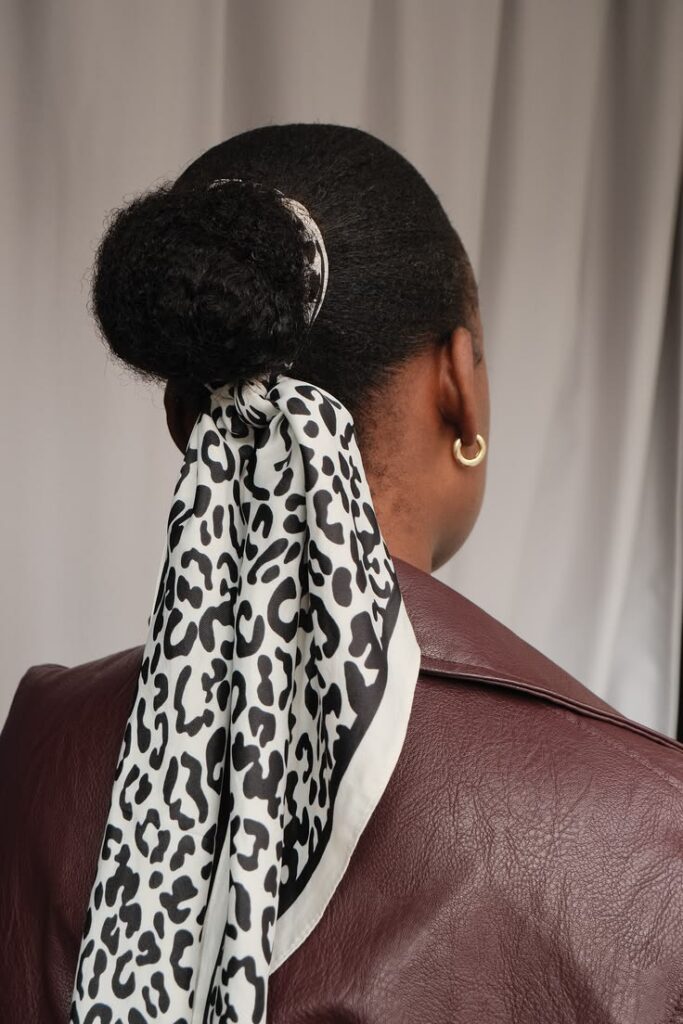 Scarf bun hairstyle for beginners with natural 4C hair.