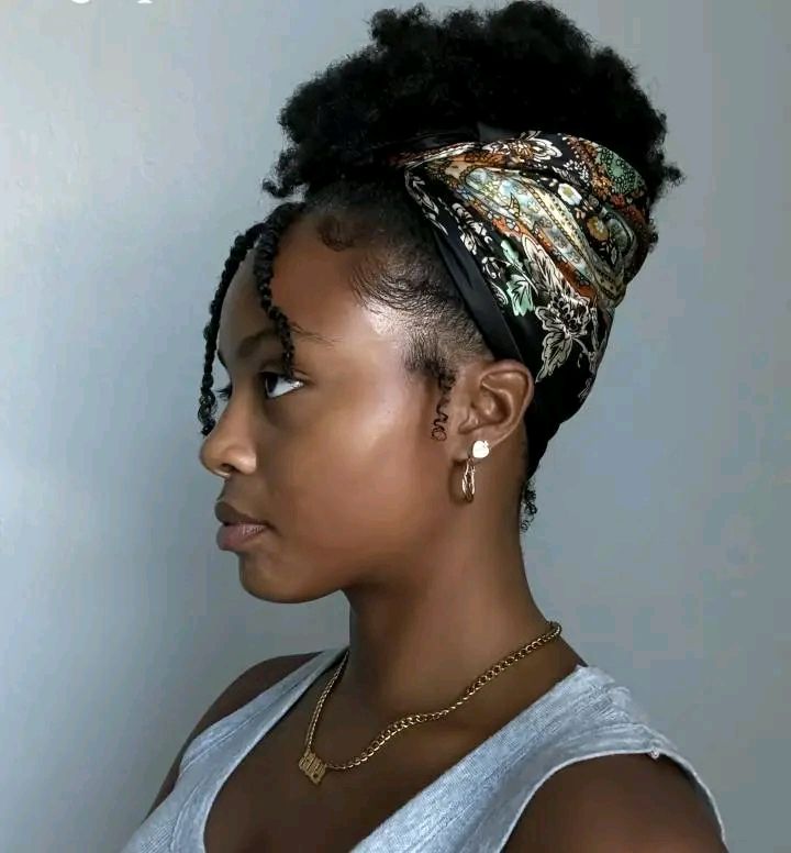 Scarf puff hairstyle on natural 4C hair.