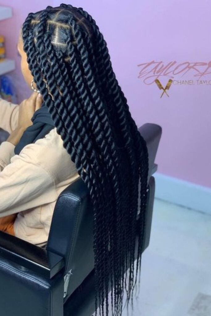Long Senegalese twists on healthy natural 4C hair.