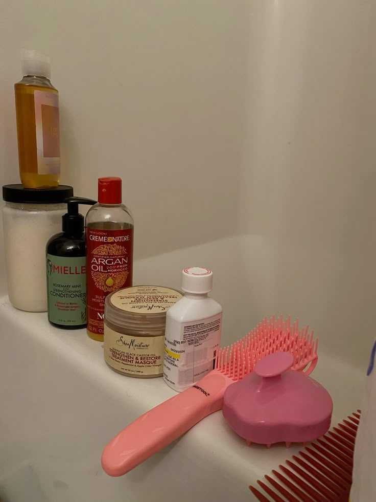 Wash day products arranged neatly before starting a 4C hair wash day routine.