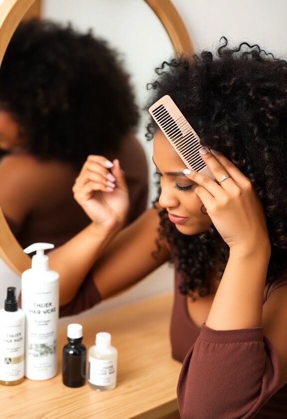 woman examining her natural 4C hair and scalp before choosing a shampoo.
