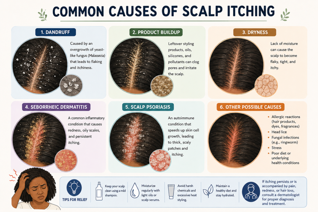 An educational illustration showing common causes of scalp itching.