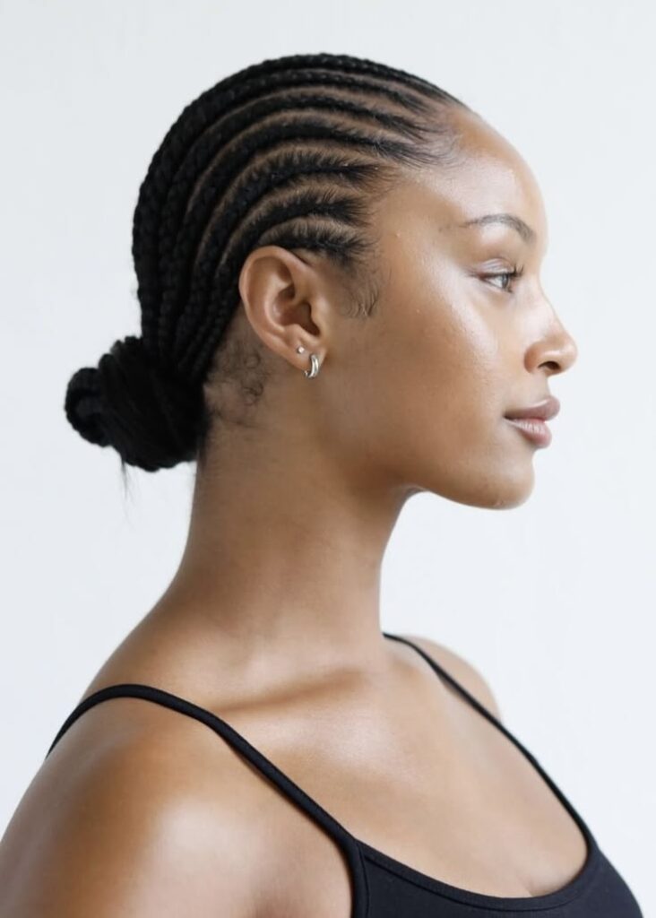  Natural 4C cornrows styled into a bun