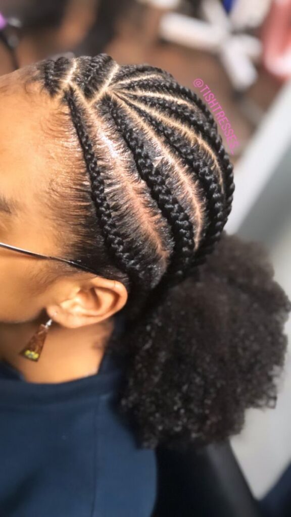 Natural 4C cornrows leading into a ponytail
