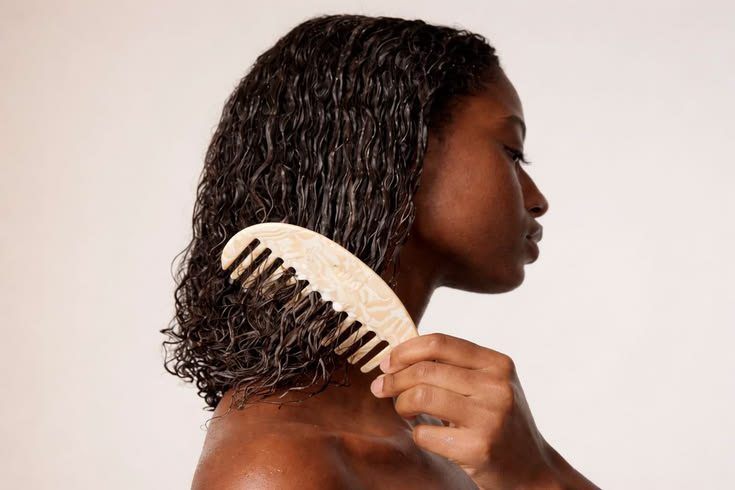 a woman detangling her transitioning hair