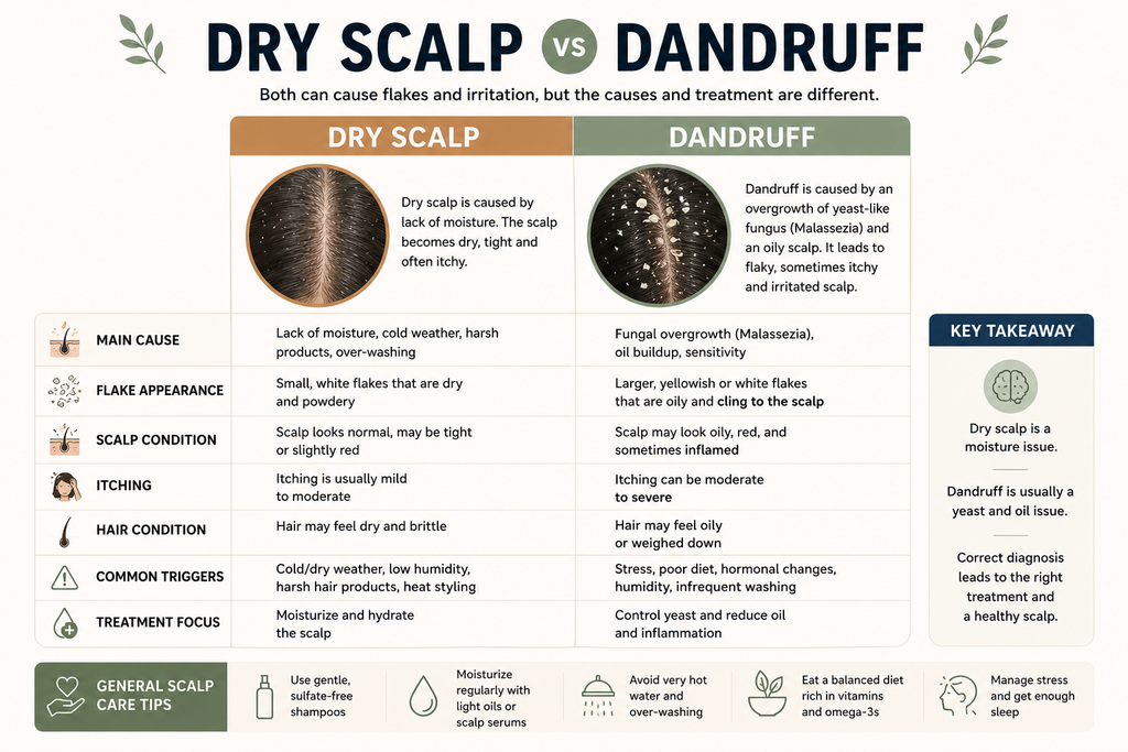 A clean educational graphic summarizing the main differences between dry scalp and dandruff.