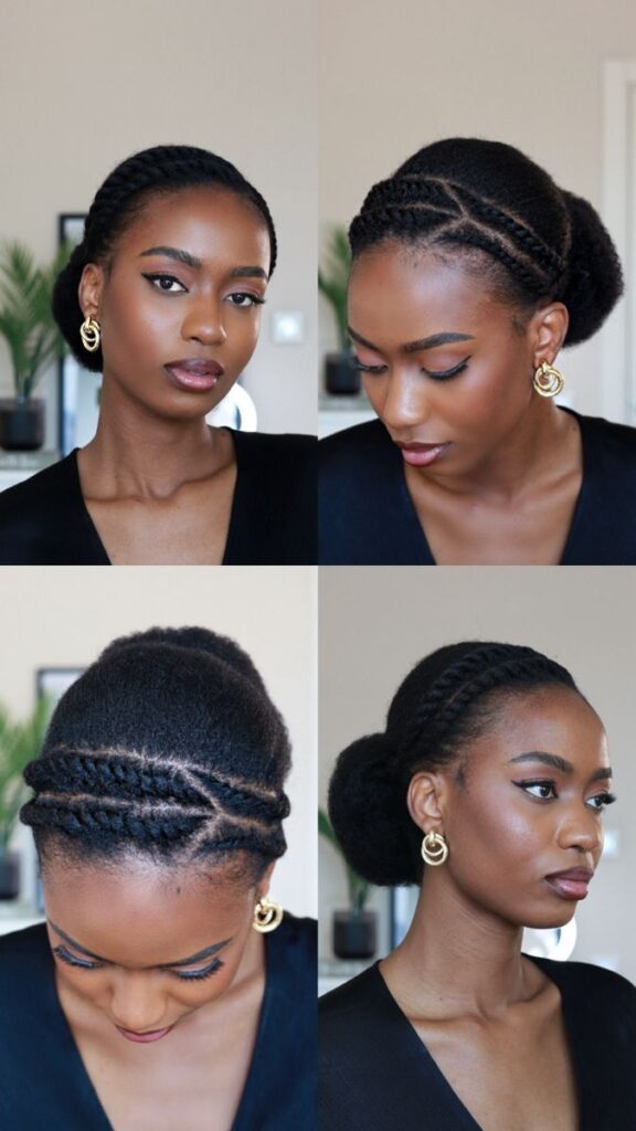  Flat twists leading into a bun on natural 4C hair
