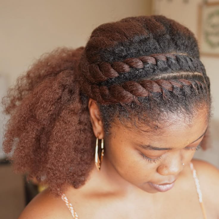 Natural 4C hair styled with cute flat twists and a ponytail