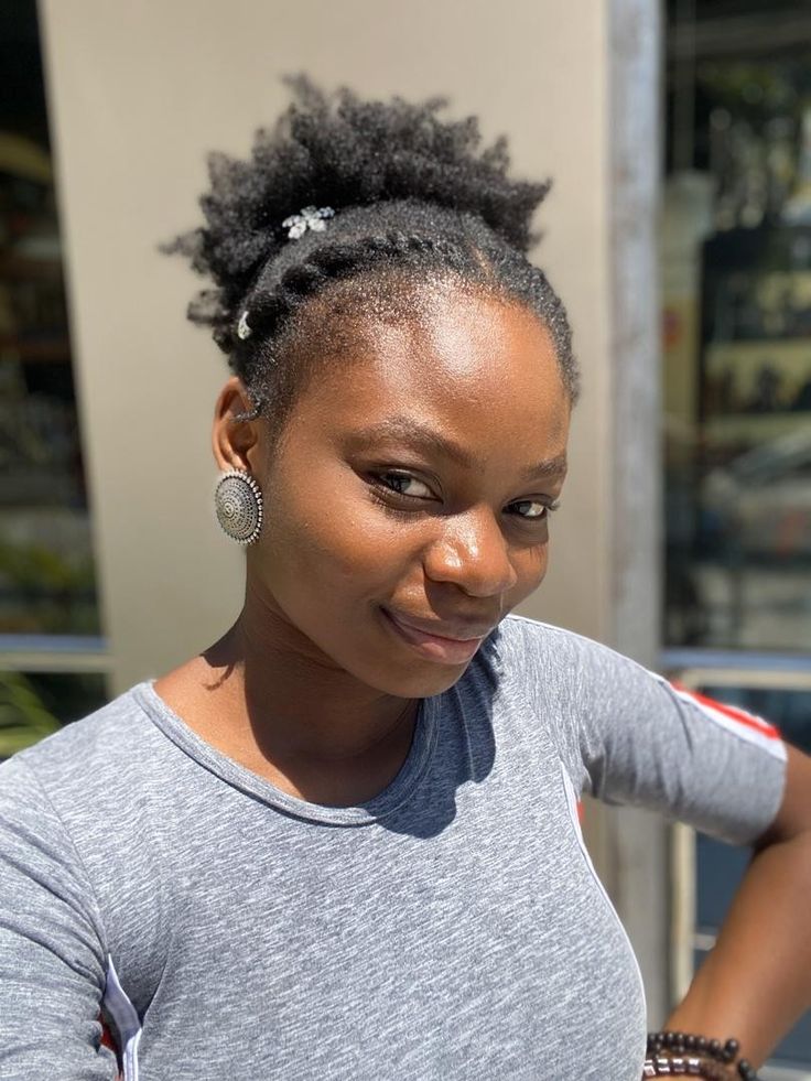 Natural 4C hair with flat twists and afro puff
