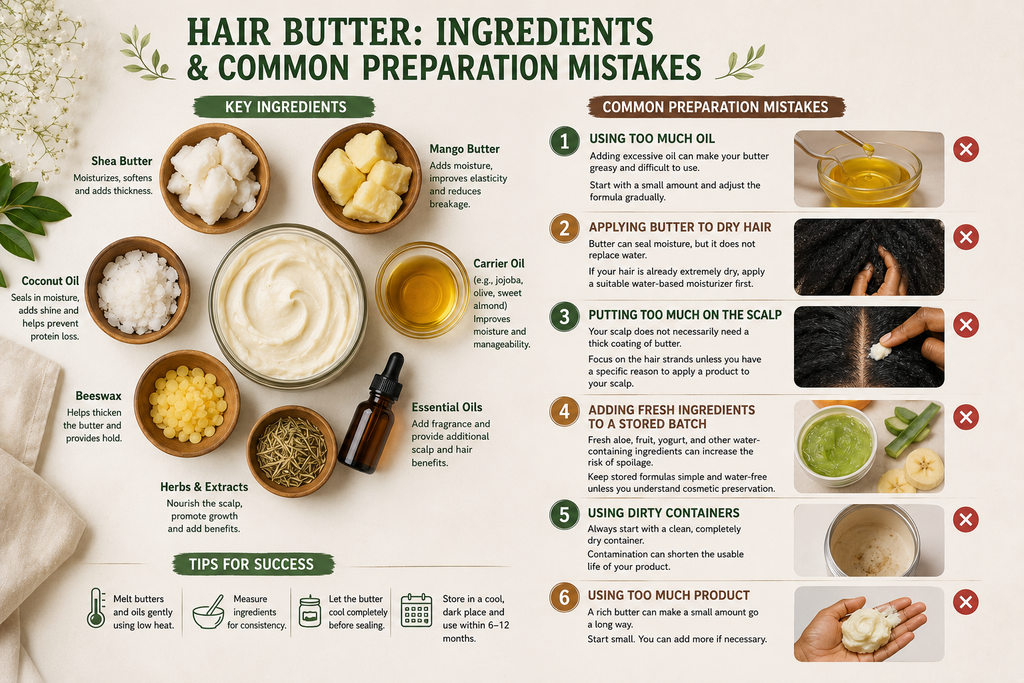 An educational flat lay showing hair butter ingredients and common preparation mistakes.