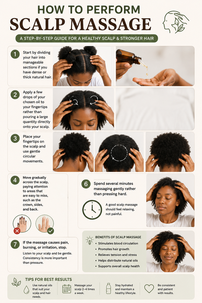 Step-by-step visual showing gentle circular scalp massage with fingertips.