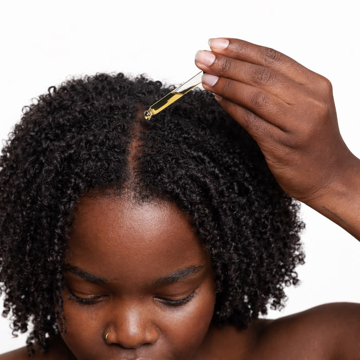 Lightweight hair oil being used on natural 4C hair.