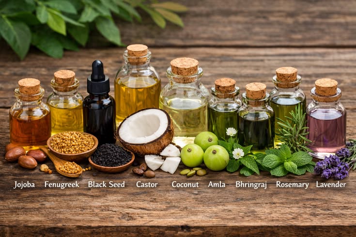 A selection of gentle carrier oils suitable for scalp care.