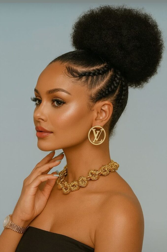 Natural 4C side cornrows combined with an afro puff