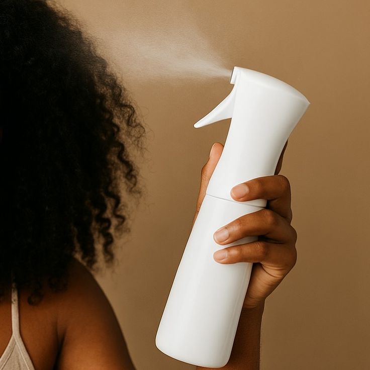 Woman spraying water onto natural 4C hair to observe medium porosity.