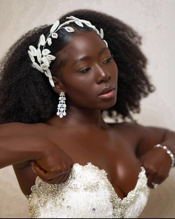 Natural 4C hair styled with a statement bridal headband