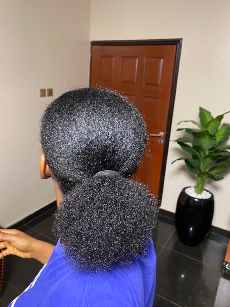 Stretched natural 4C hair in a low ponytail