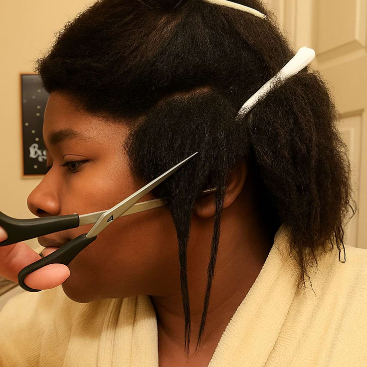 woman trying to chop of her relaxed hair
