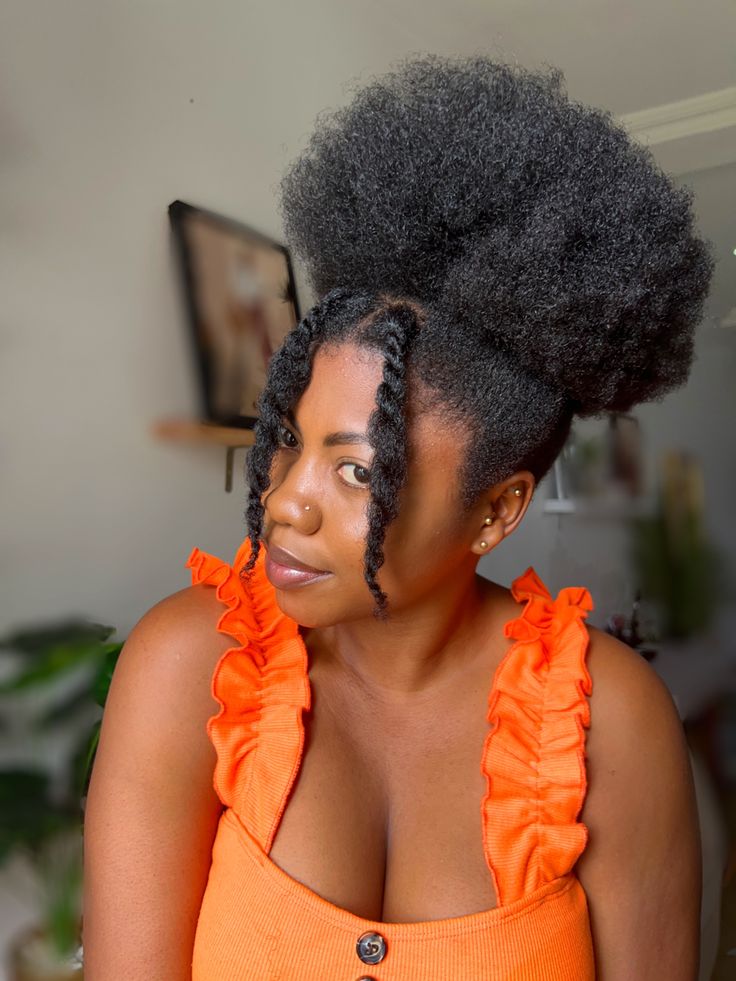 Natural 4C hair styled with a twist crown and afro
