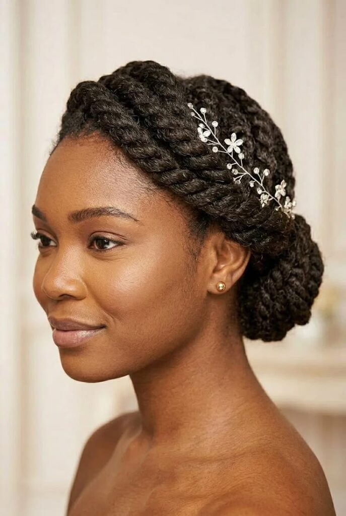 Twisted low bun on natural 4C hair for a wedding