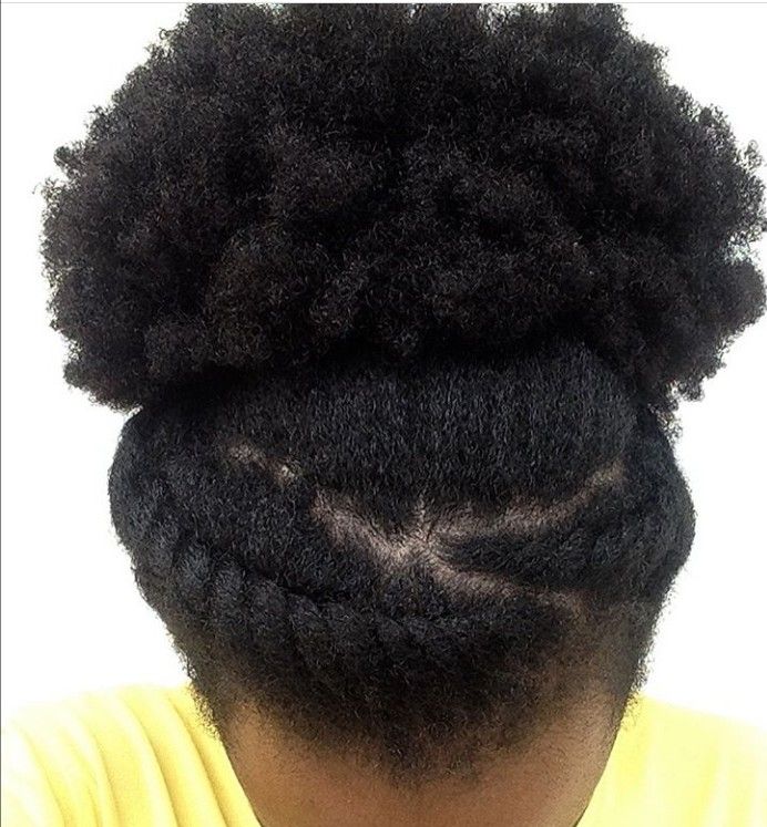 Natural 4C hair with two flat twists and an afro puff