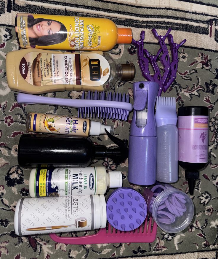 Natural hair products arranged for a 4C hair care routine