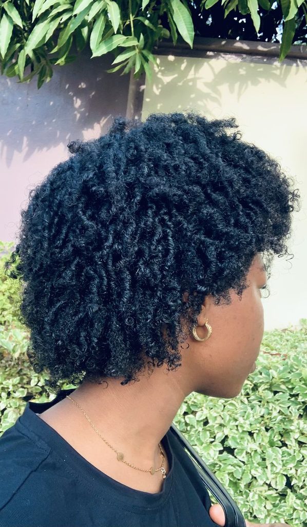 Close-up of starter locs formed from tightly coiled natural hair