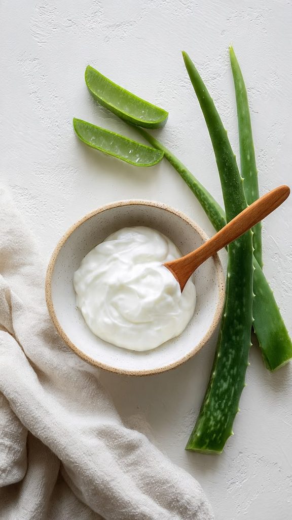 Aloe vera gel being mixed with a creamy hair conditioner.