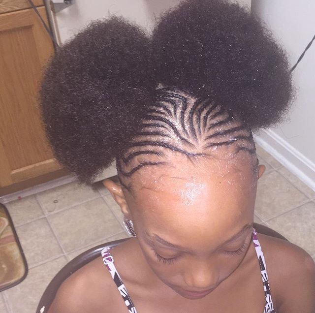Two puff hairstyles with braided parts on natural 4C hair