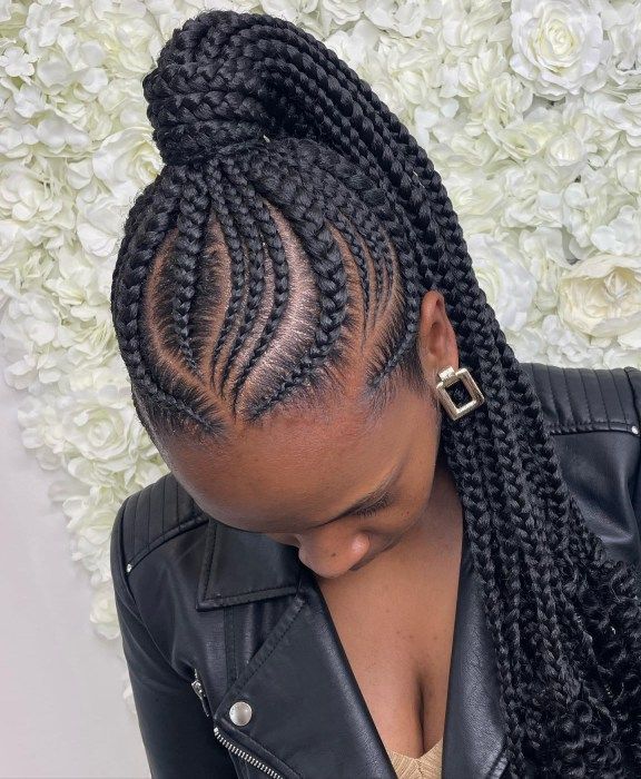 Woman wearing a braided ponytail with wrapped base