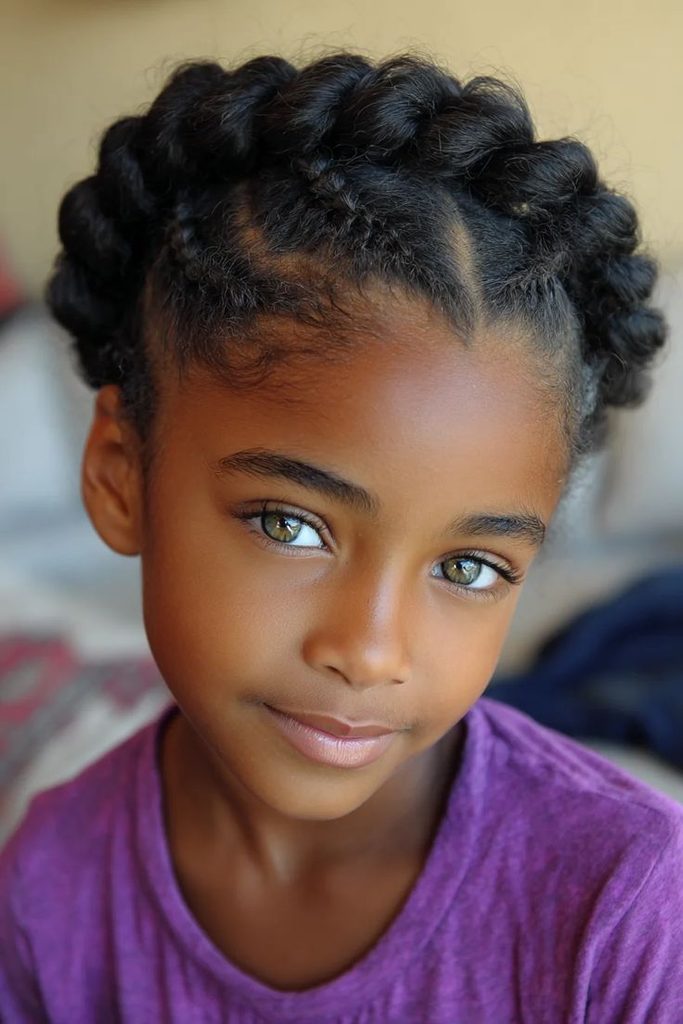 Young Black girl wearing a flat-twist crown protective hairstyle