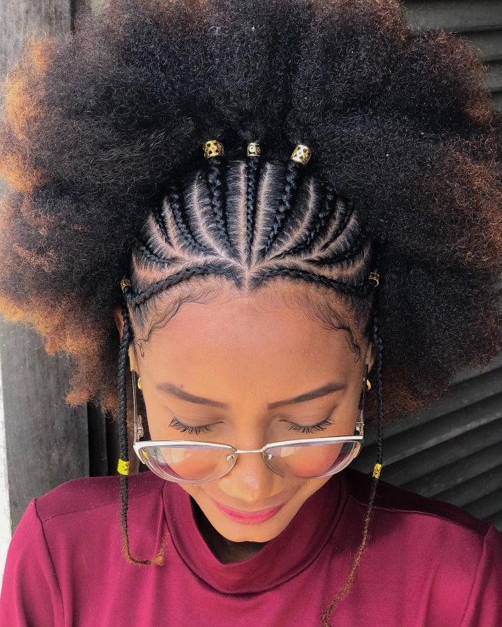4C puff hairstyle with front cornrows and hair accessories