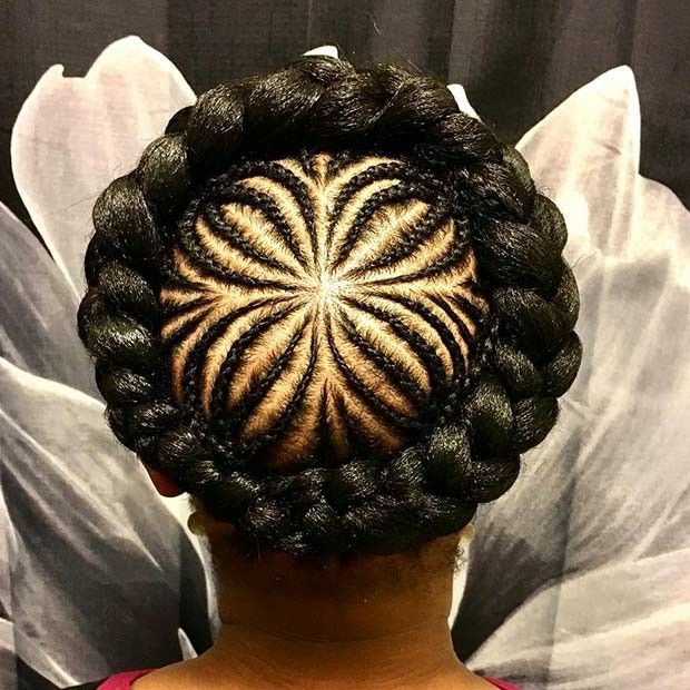 Woman wearing an elegant halo braid on natural hair for rainy day