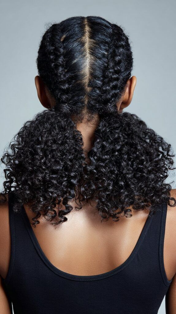 Two cornrow pigtails on natural 4C hair