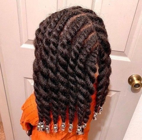 Chunky flat twists with beads on 4C hair