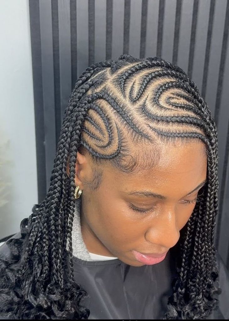 Woman wearing side-swept lemonade braids