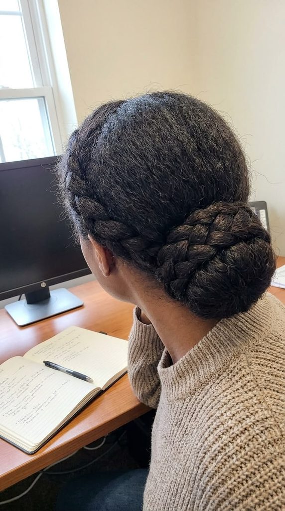 Low braided chignon natural hairstyle